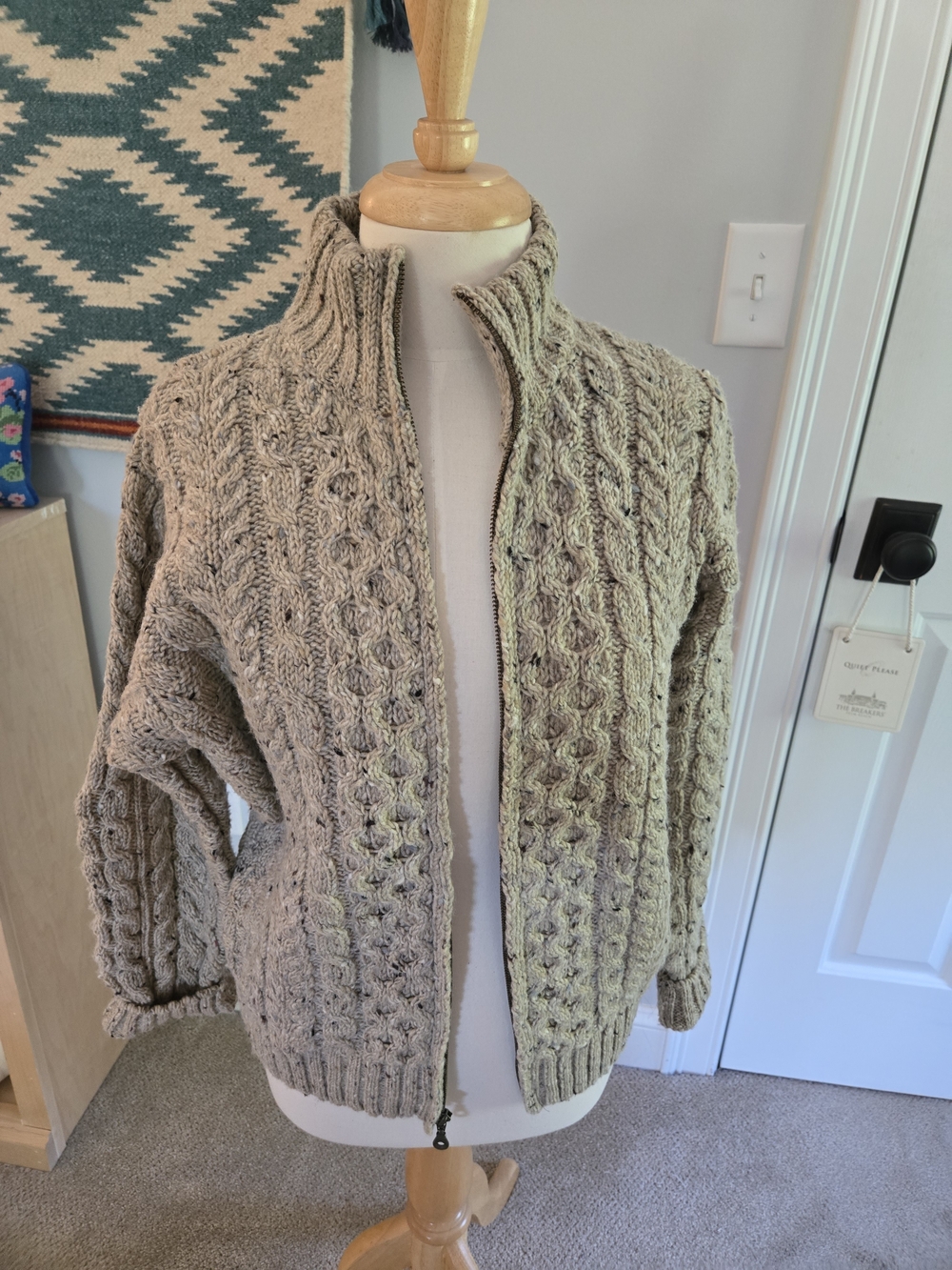 L.L. Bean Cable Knit Full Zip Wool Sweater Men’s Small Ireland Fisherman Beige
